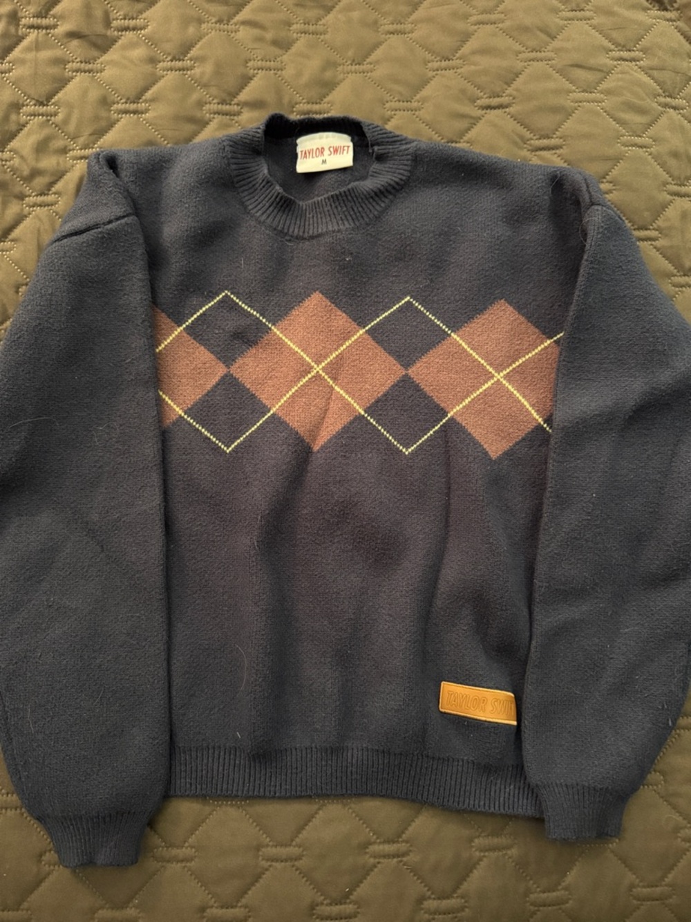 Taylor Swift Navy Crewneck Sweater with Brown Argyle and Yellow Lines